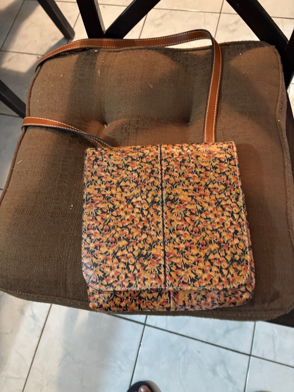 Patricia Nash Floral Multicolor Crossbody with Tan Leather Straps